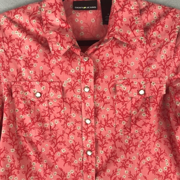 DKNY Jeans Women's Size Medium Floral Snap Front Shirt Pink - Picture 3 of 9